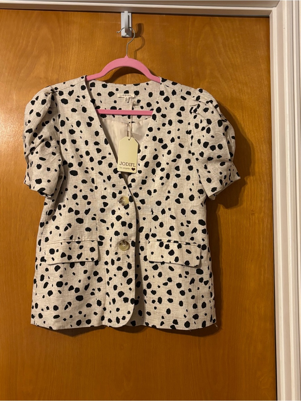 JODIFL Cream Blazer with Black Spot Print and Puff Sleeves